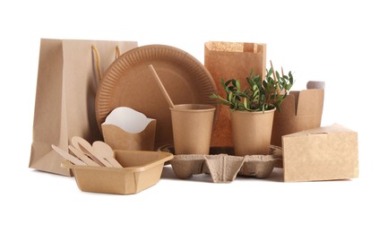 Eco friendly food packagings, tableware, paper bags and twigs isolated on white