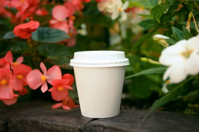 Cardboard cup with tasty coffee near beautiful flowers outdoors