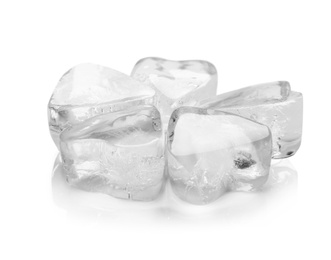 Heart shaped ice cubes on white background