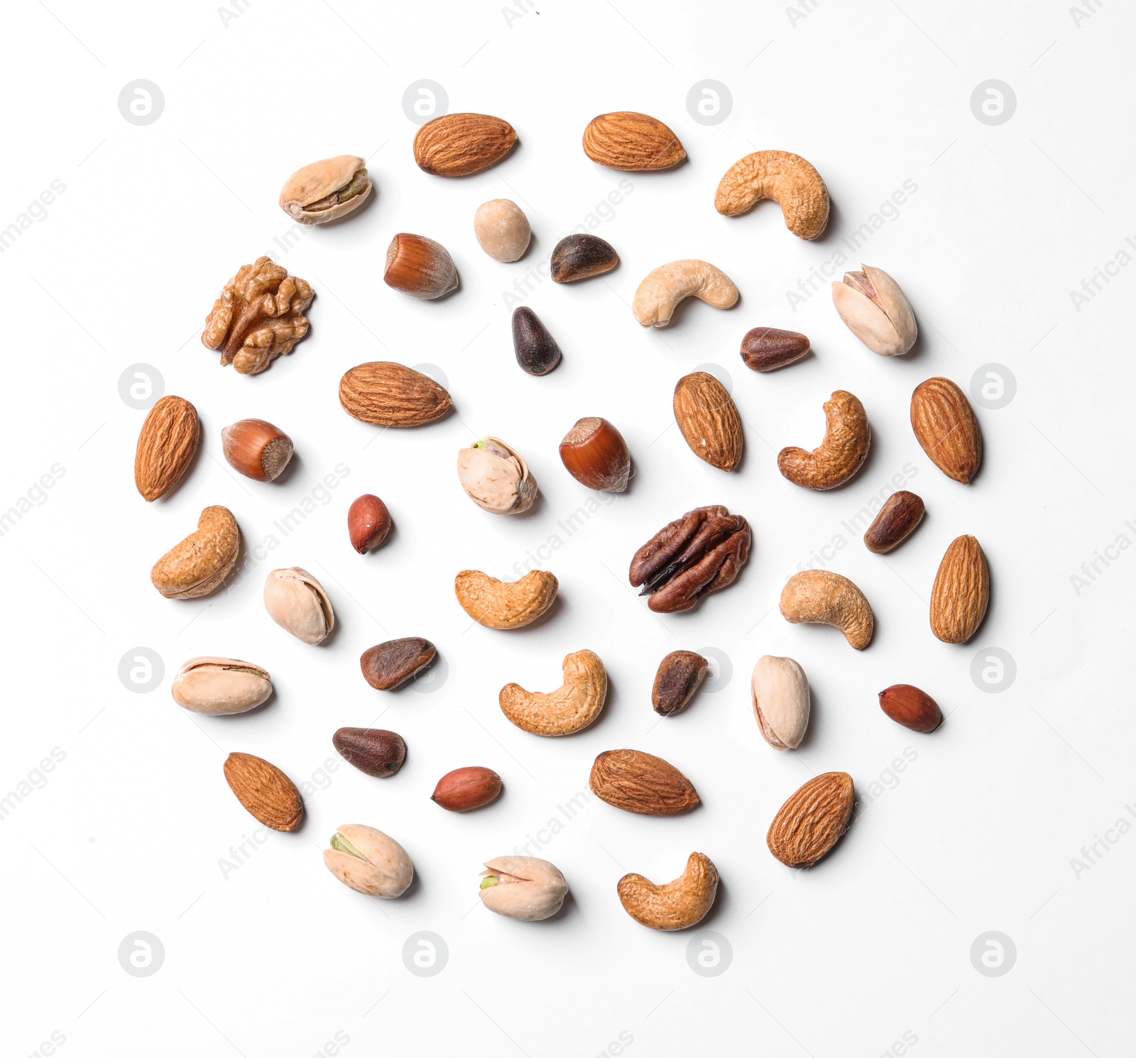 Photo of Composition with organic mixed nuts on white background, top view