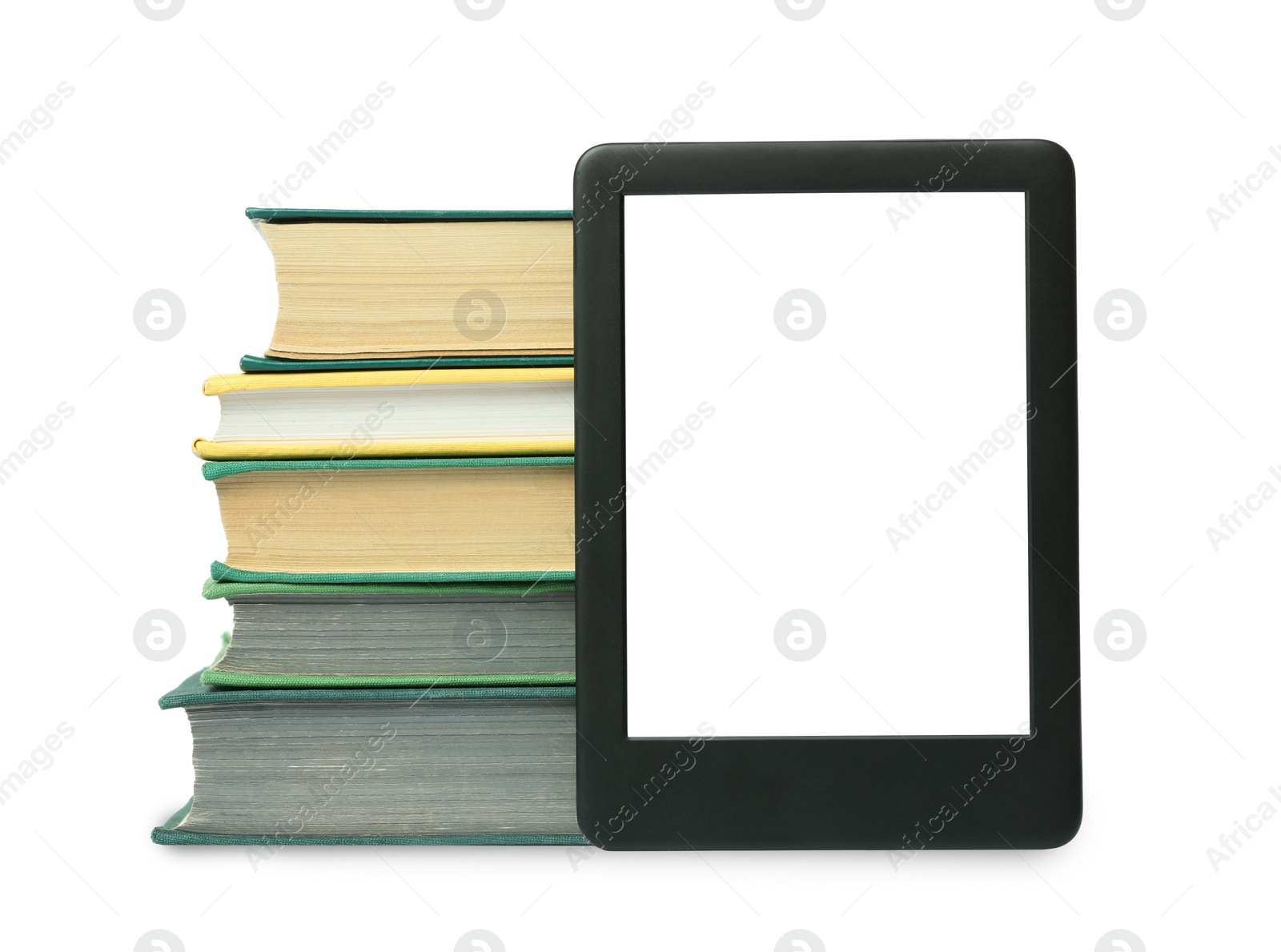 Photo of Modern e-book and stack of hardcover books isolated on white