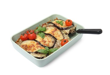 Photo of Delicious eggplant lasagna and spatula in baking dish isolated on white