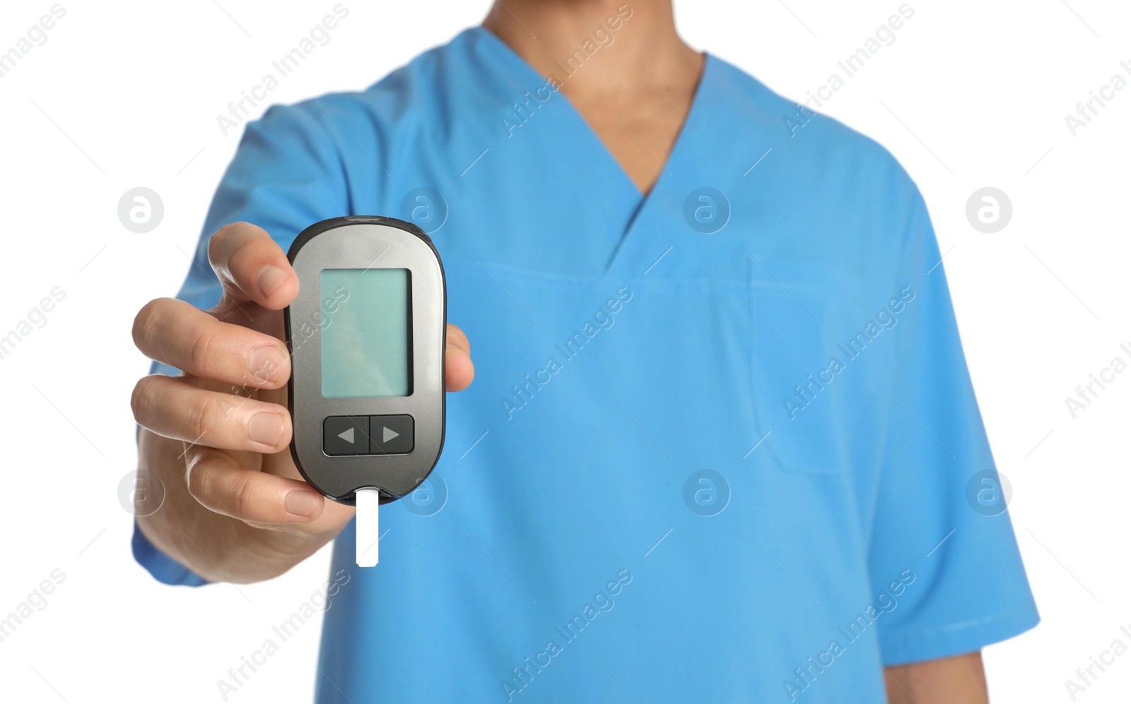 Photo of Male doctor holding glucose meter on white background, closeup. Medical object