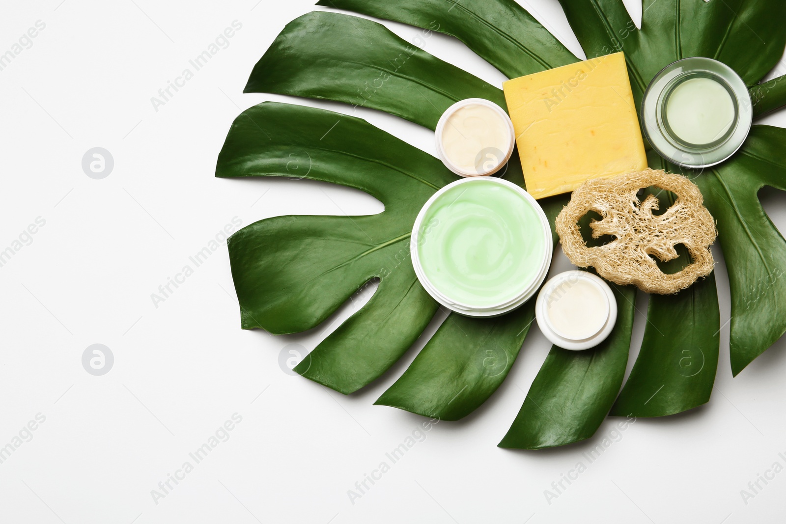 Photo of Composition with body care products, wisp and green leaf on white background, top view. Space for text