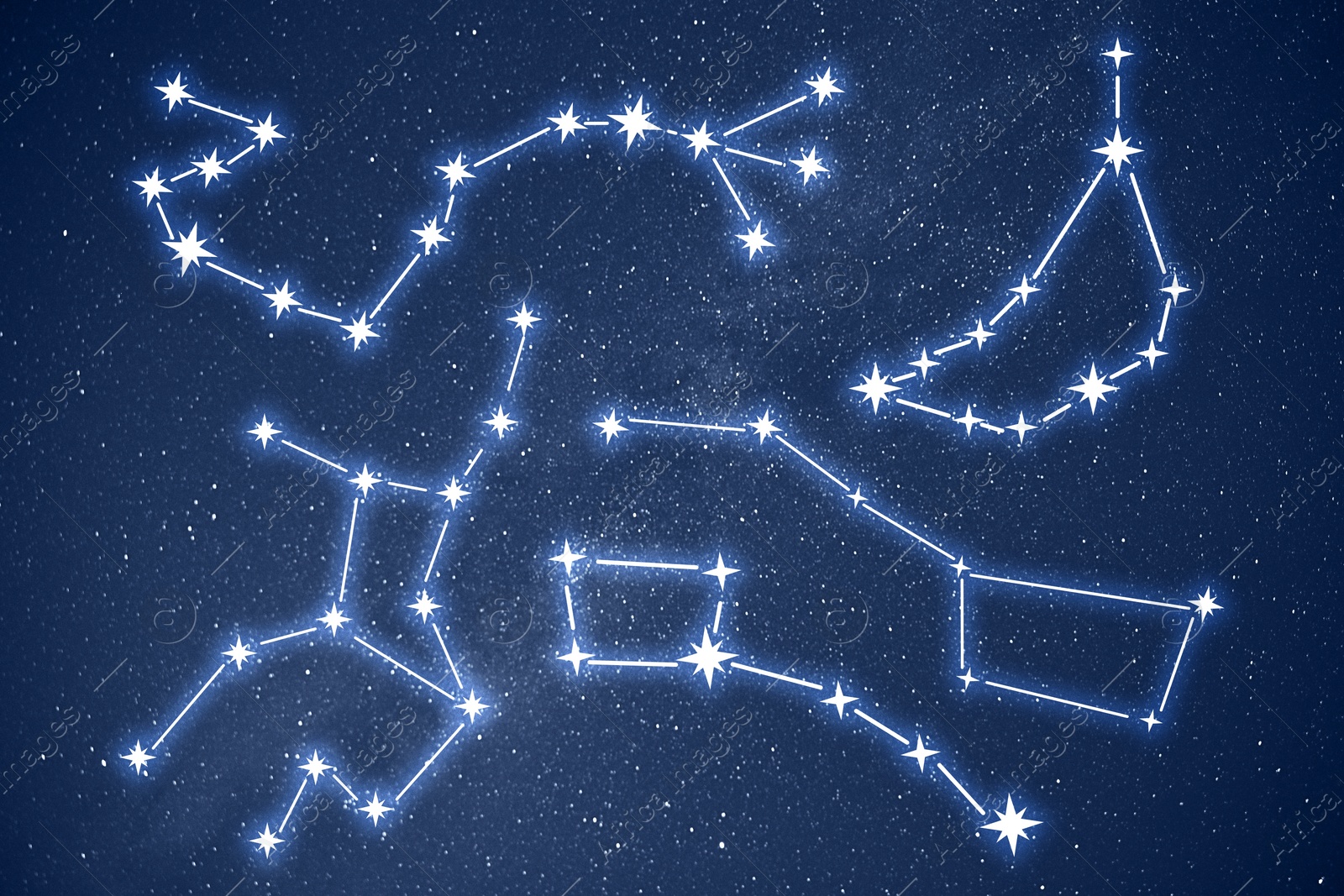 Image of Set with different constellation stick figure patterns in starry night sky