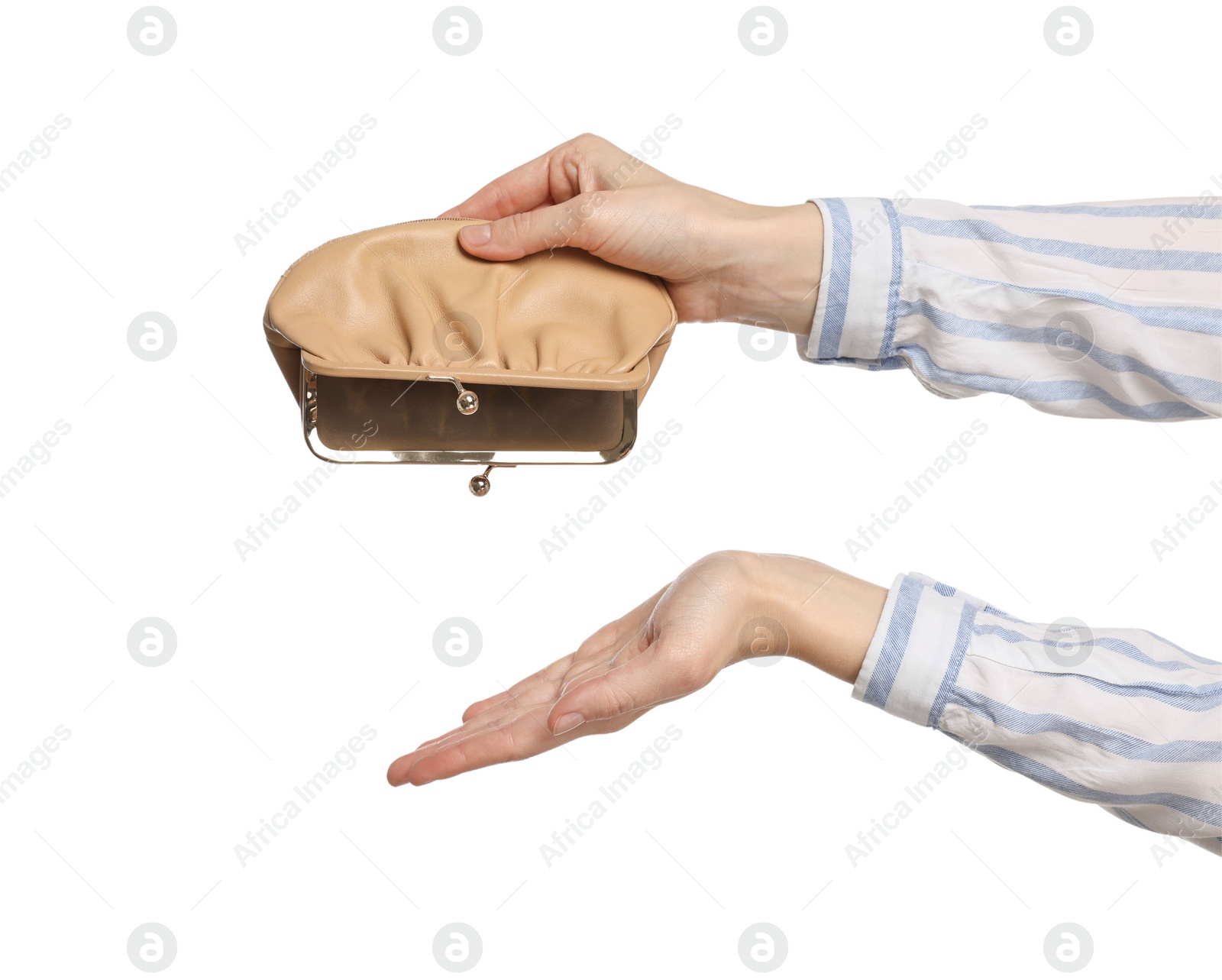 Photo of Woman with empty wallet on white background, closeup