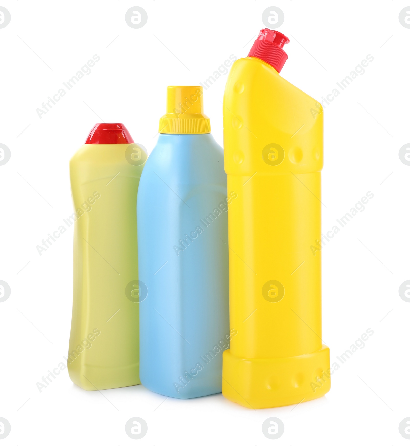 Photo of Bottles of different cleaning products isolated on white