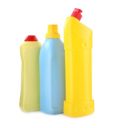 Photo of Bottles of different cleaning products isolated on white