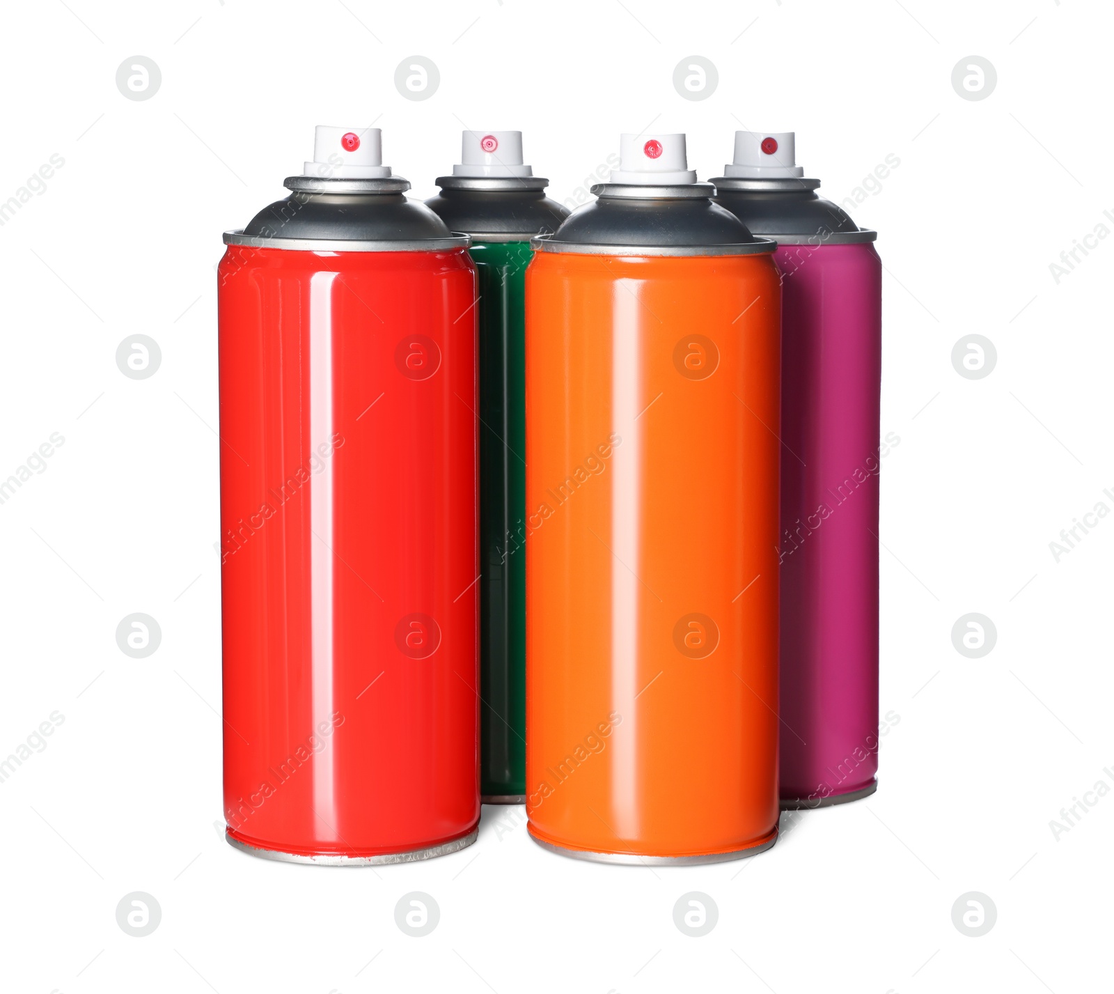 Photo of Colorful cans of spray paints on white background