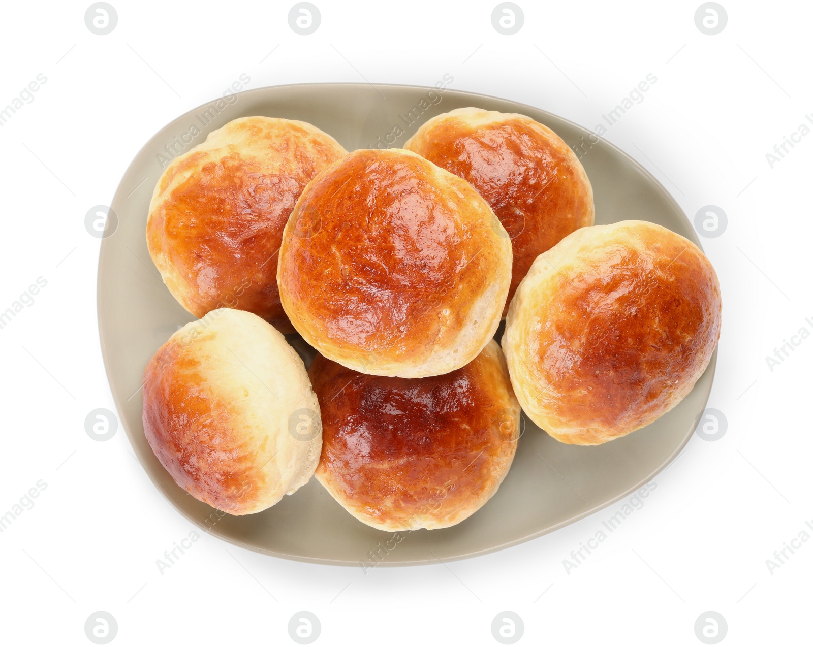 Photo of Tasty scones prepared on soda water isolated on white, top view