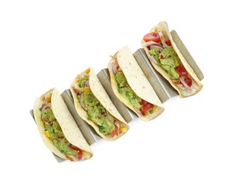 Delicious tacos with guacamole, meat and vegetables isolated on white, top view