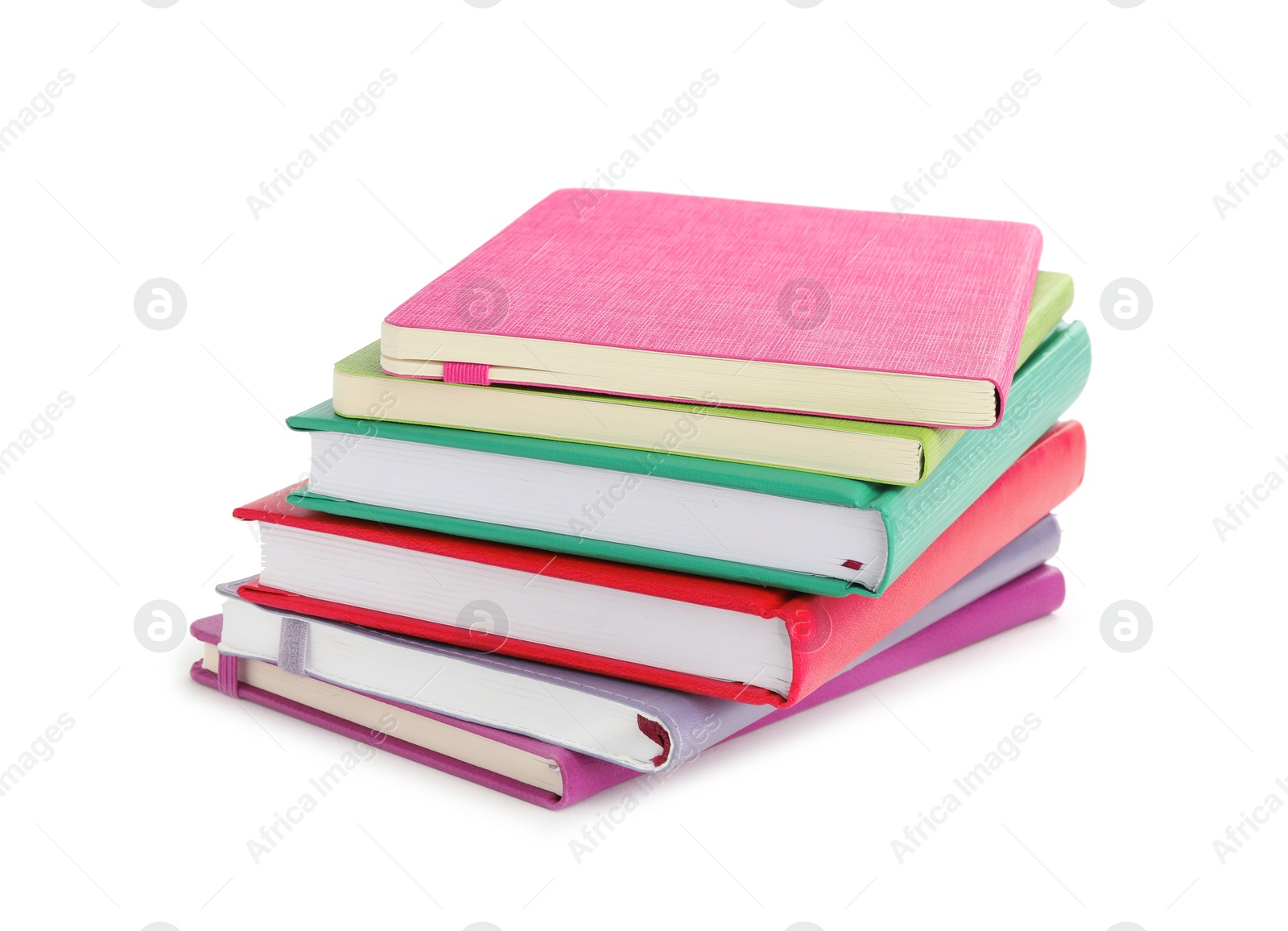 Photo of Stack of colorful notebooks isolated on white. School stationery