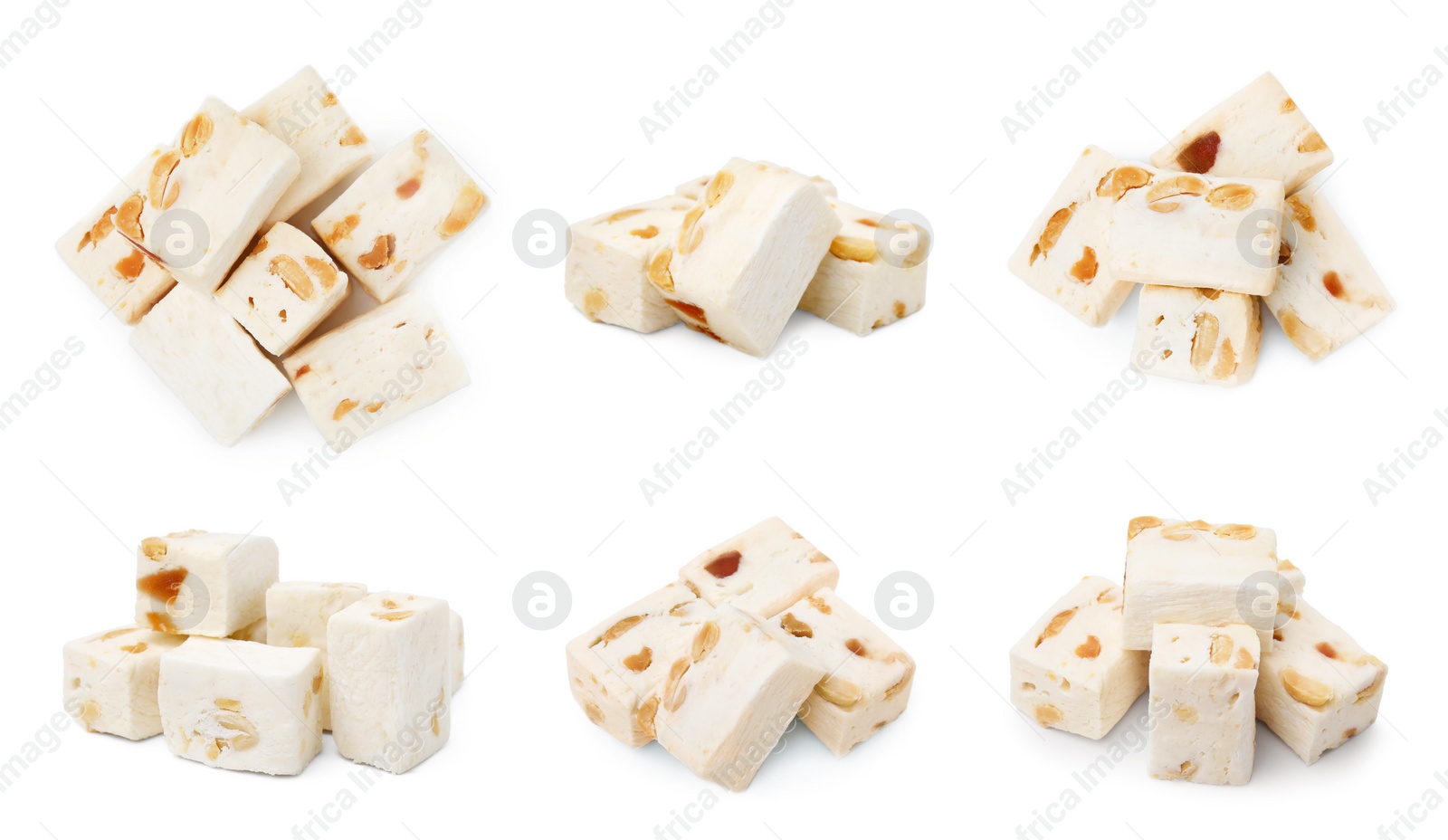 Image of Piles of delicious nougat with peanuts on white background, collage design