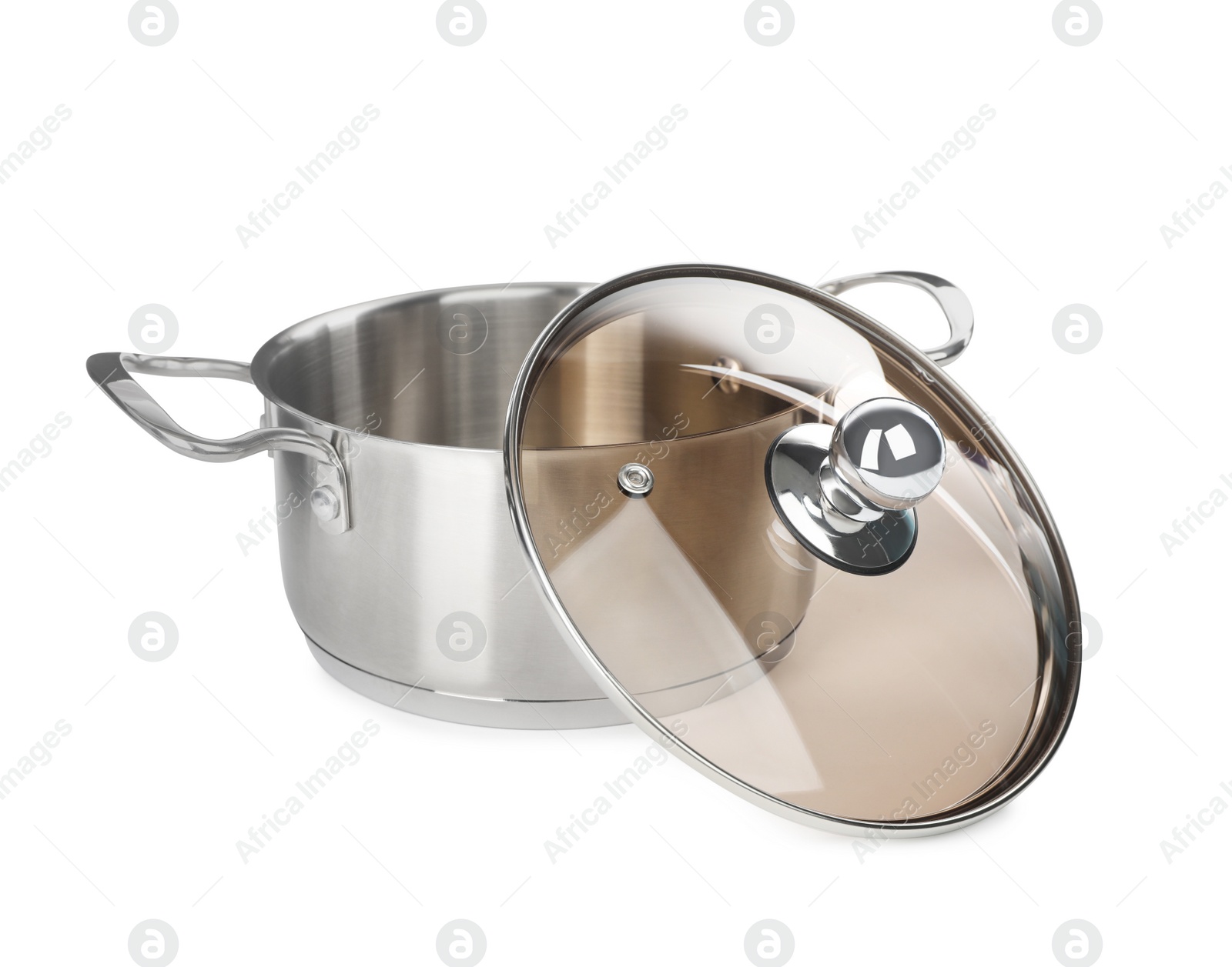 Photo of New shiny pot with glass lid isolated on white