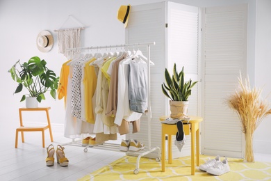 Photo of Dressing room interior with clothing rack and houseplants