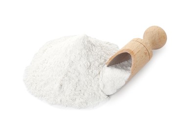 Photo of Baking powder and scoop isolated on white