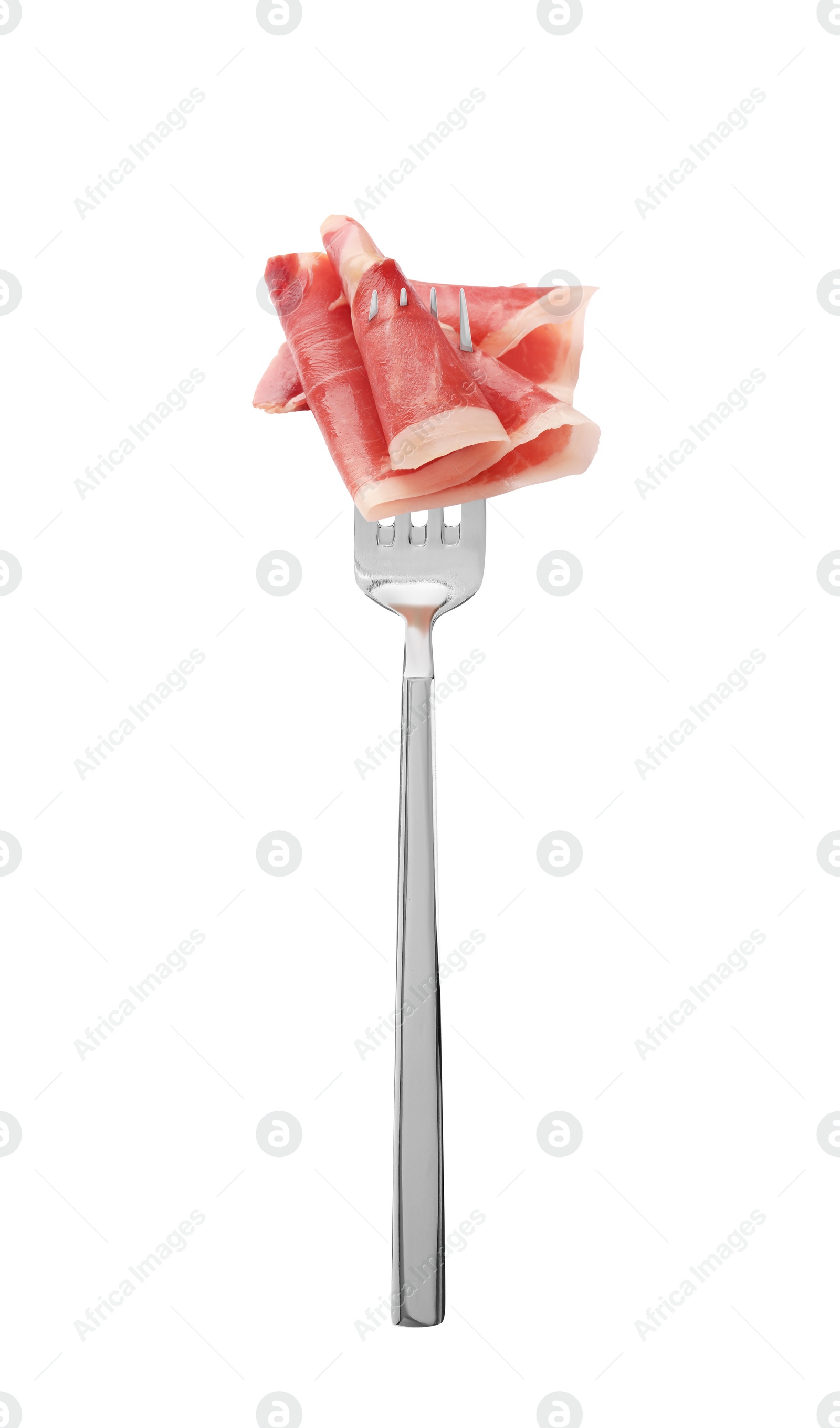 Image of Fork with tasty jamon isolated on white