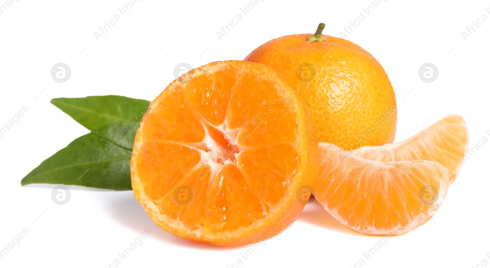 Photo of Fresh ripe juicy tangerines with green leaves isolated on white