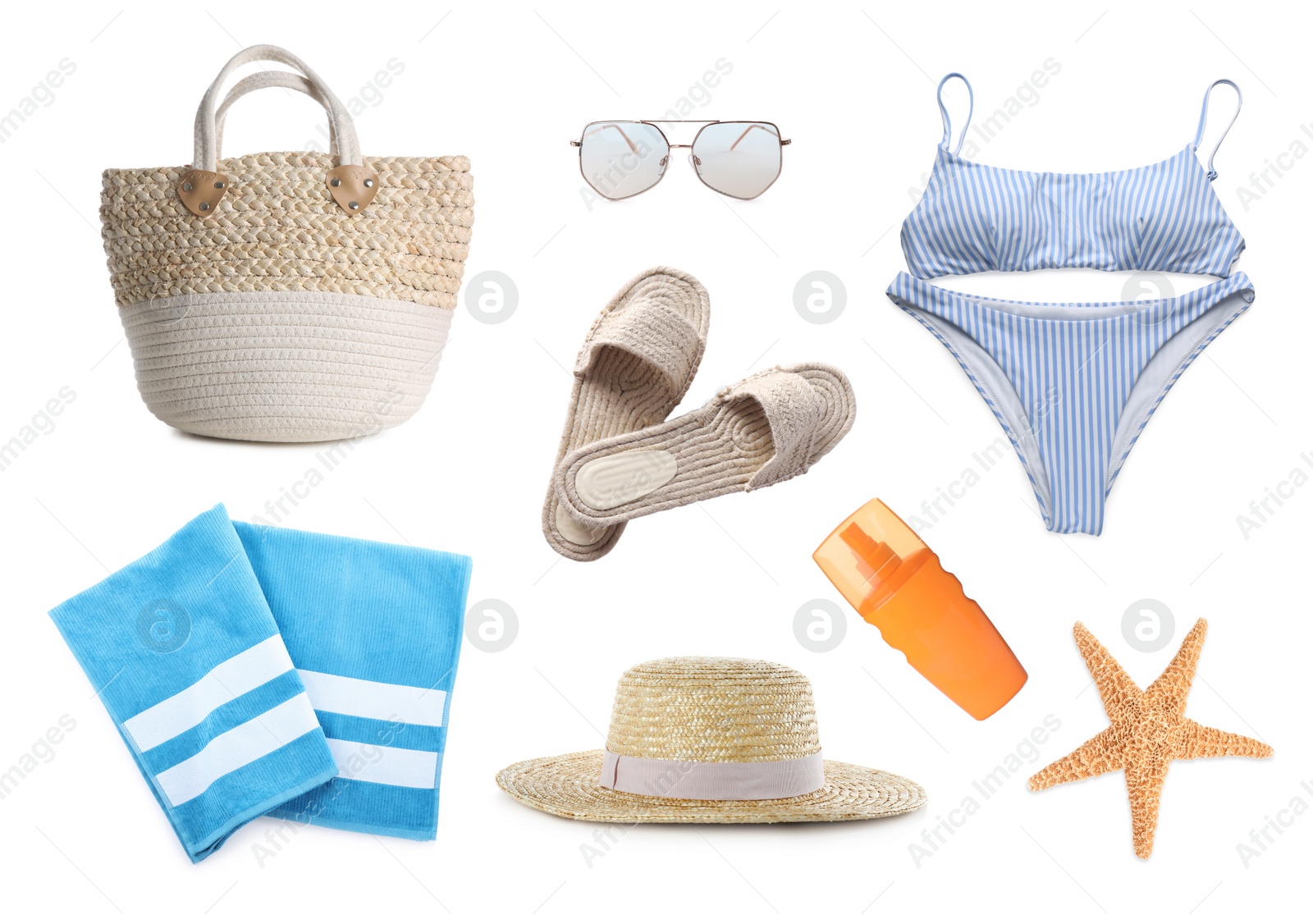 Image of Set with different beach accessories on white background 