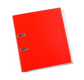 Photo of One orange office folder isolated on white, top view