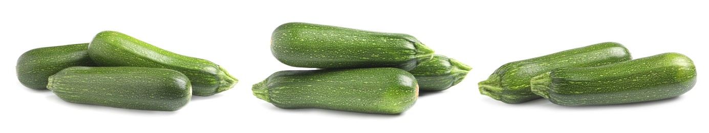 Image of Set of fresh ripe zucchinis on white background. Banner design