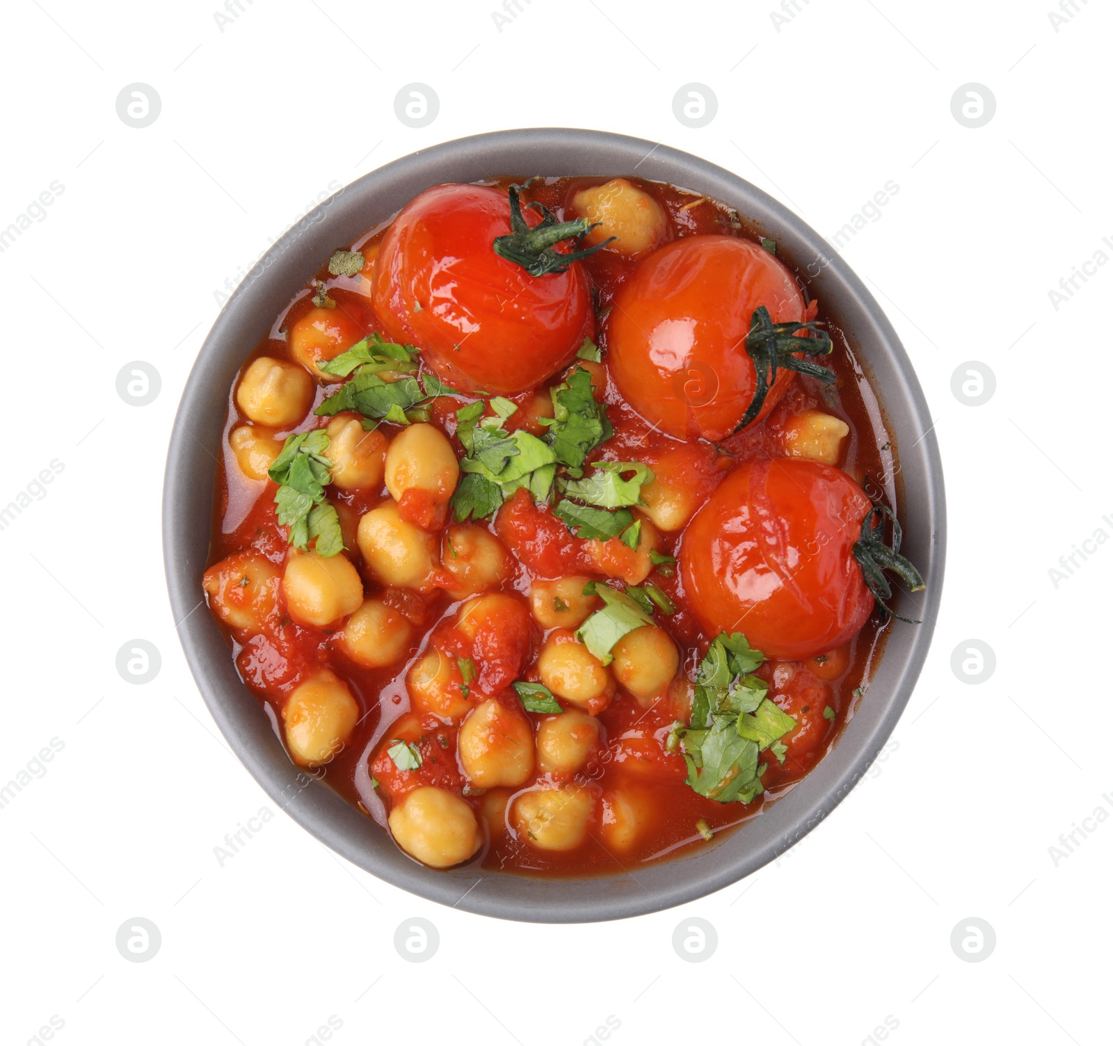 Photo of Delicious chickpea curry in bowl isolated on white, top view