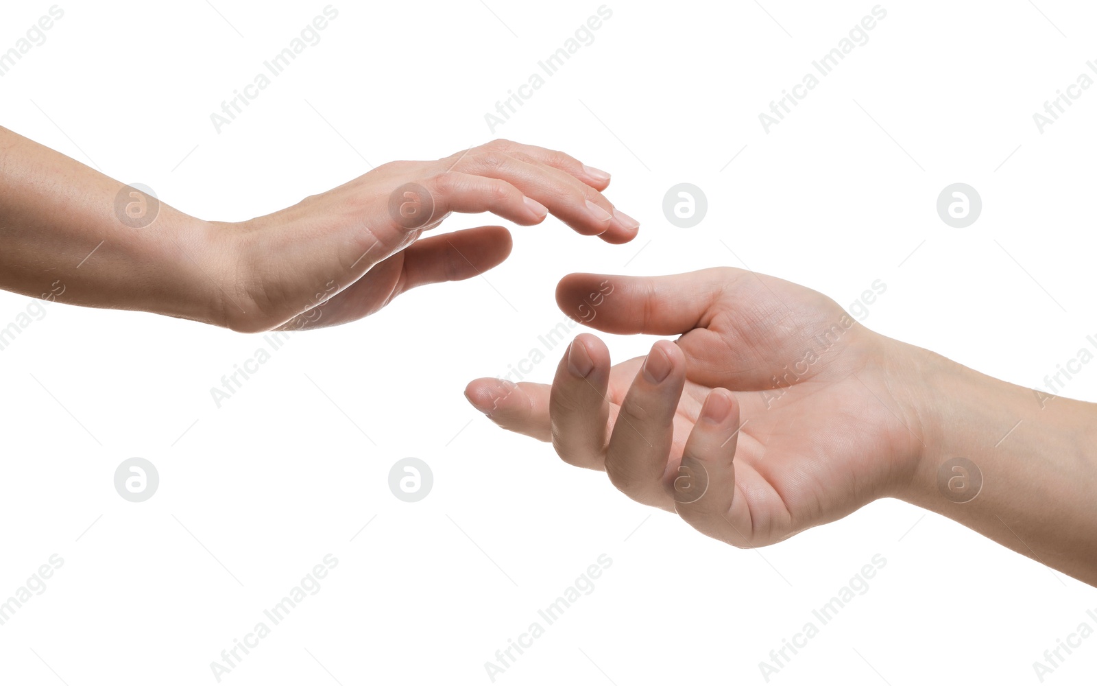 Photo of Man and woman reaching to each other on white background, closeup of hands