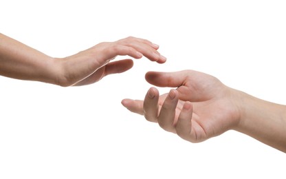 Photo of Man and woman reaching to each other on white background, closeup of hands