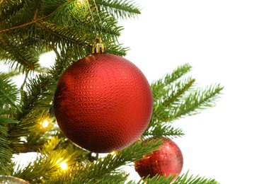 Photo of Beautiful decorated Christmas tree on white background, closeup