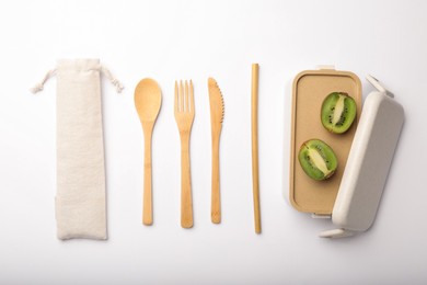 Flat lay composition with eco friendly products on white background