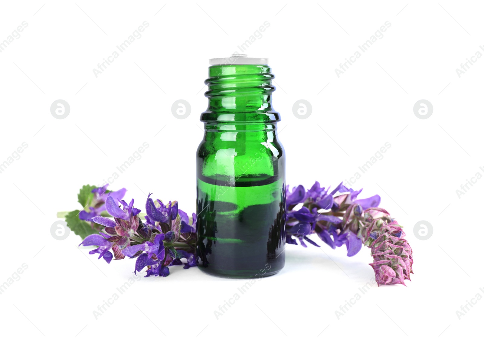 Photo of Bottle of herbal essential oil and sage flowers isolated on white