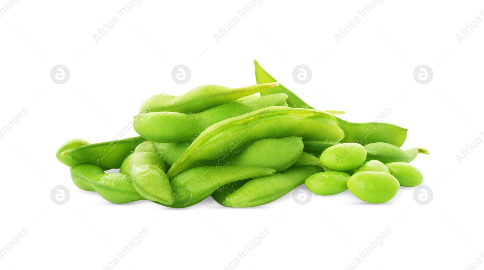 Photo of Fresh green edamame pods and beans on white background