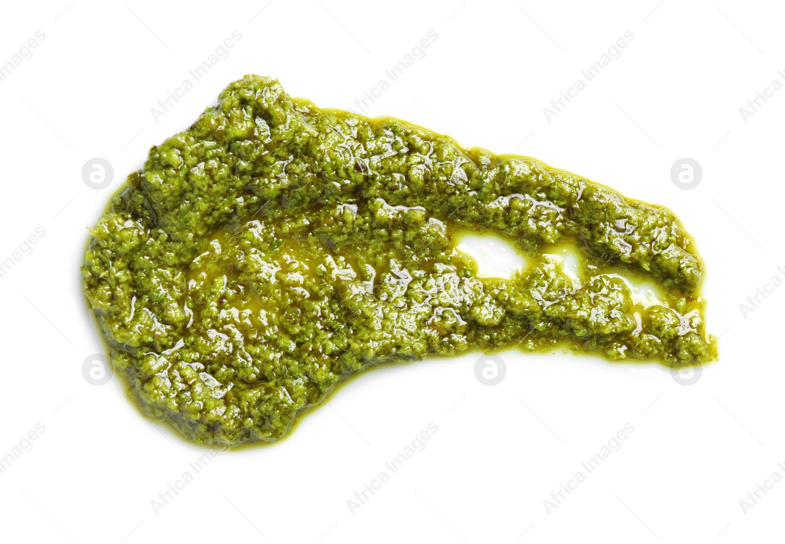 Photo of Sample of tasty pesto sauce isolated on white, top view