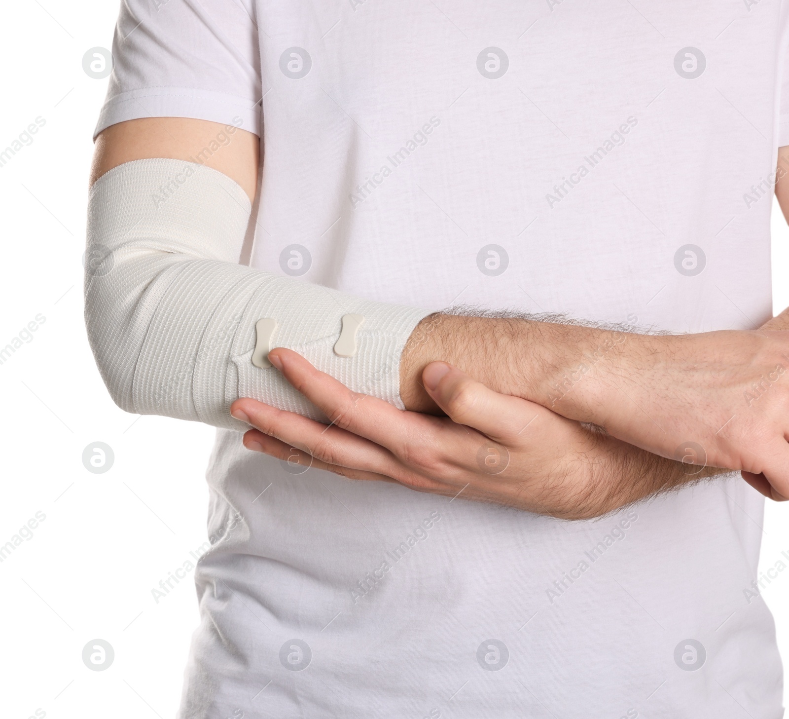 Photo of Man with arm wrapped in medical bandage on white background, closeup