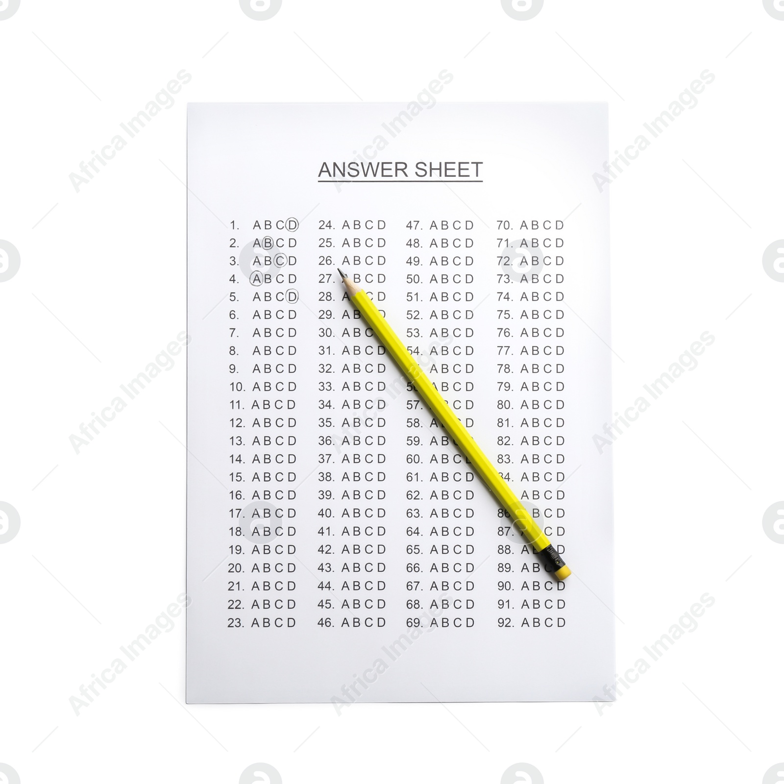 Photo of Answer sheet with pencil on white background, top view