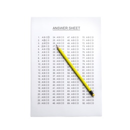 Answer sheet with pencil on white background, top view