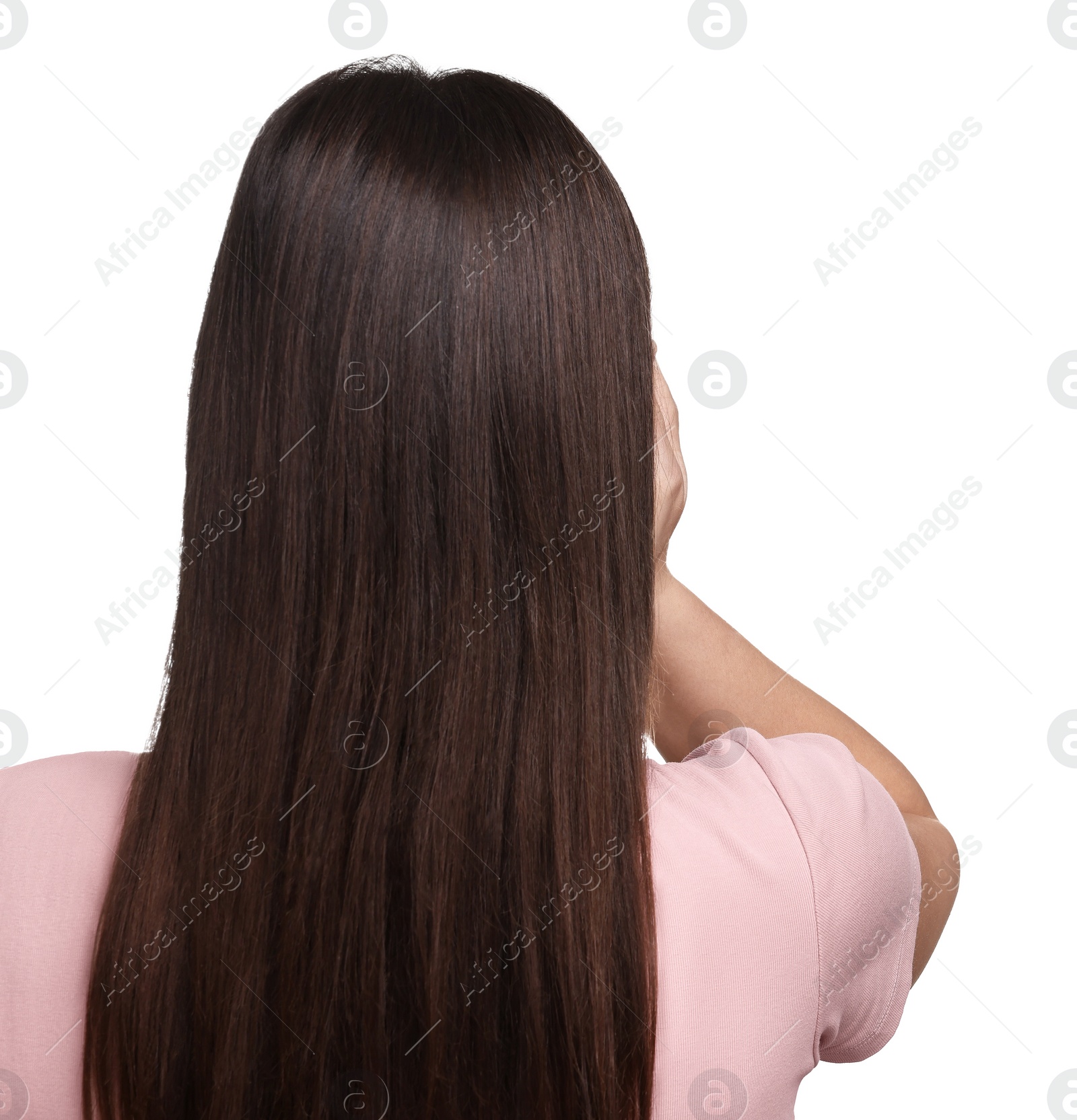 Photo of Woman with beautiful hair on white background, back view