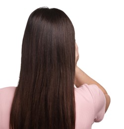 Woman with beautiful hair on white background, back view