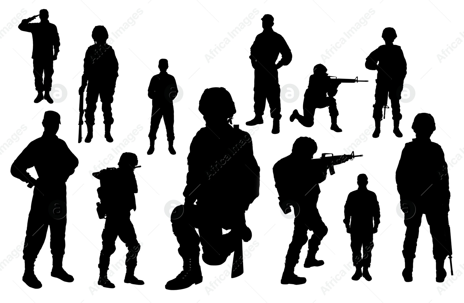 Image of Collage with silhouettes of soldiers on white background. Military service