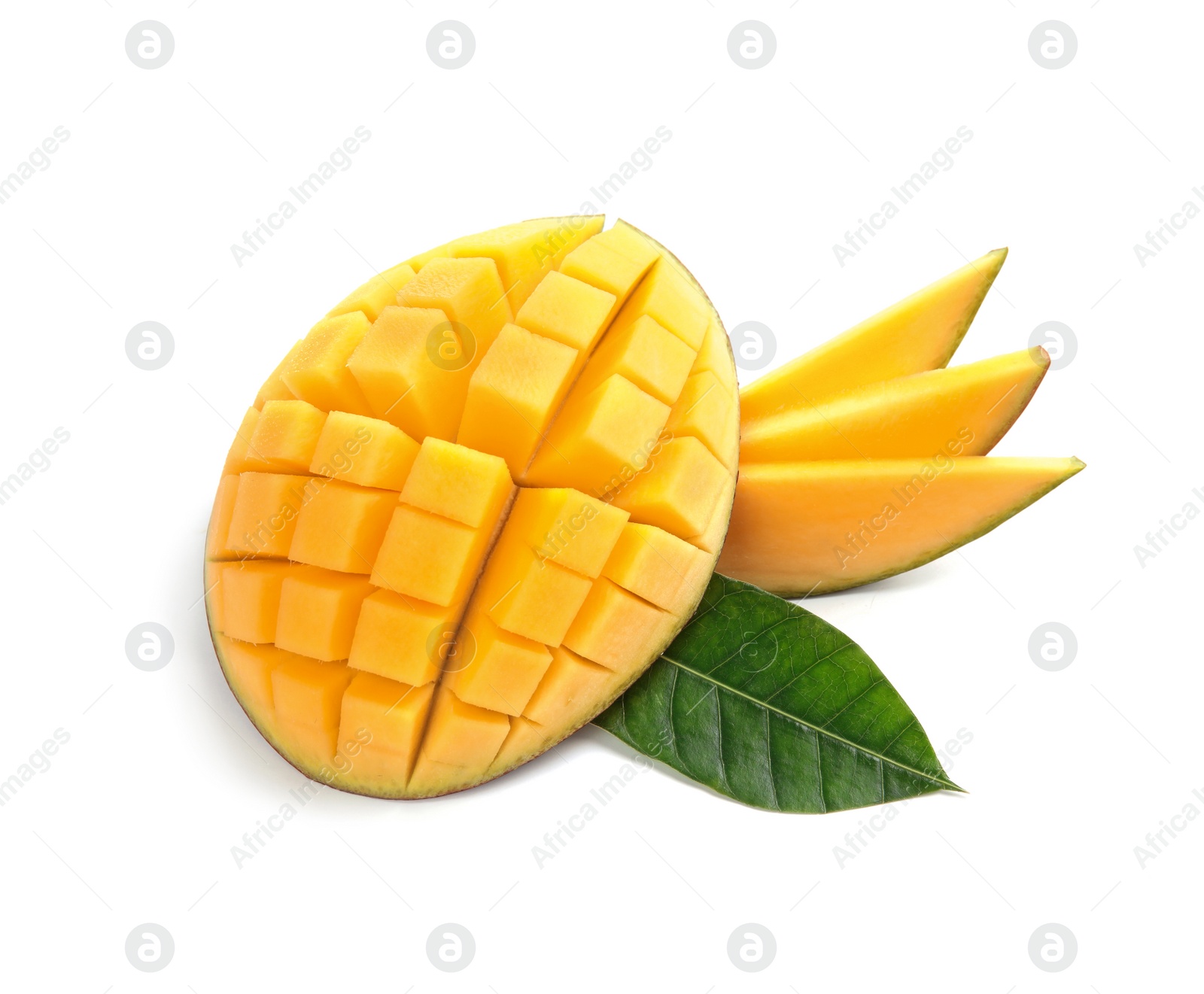 Photo of Cut ripe mango on white background. Tropical fruit