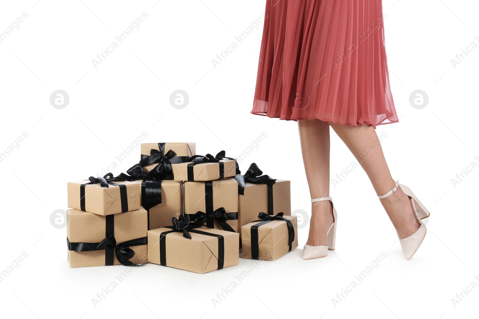 Photo of Woman and gift boxes on white background, closeup. Black Friday Sale