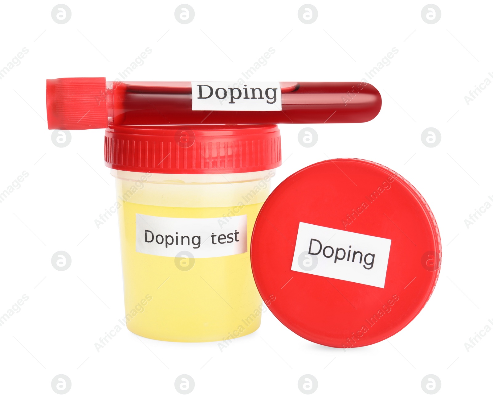 Photo of Containers with samples of blood and urine for doping control isolated on white