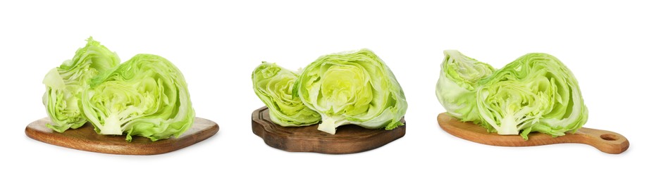 Image of Boards with fresh cut lettuce heads on white background, collage design