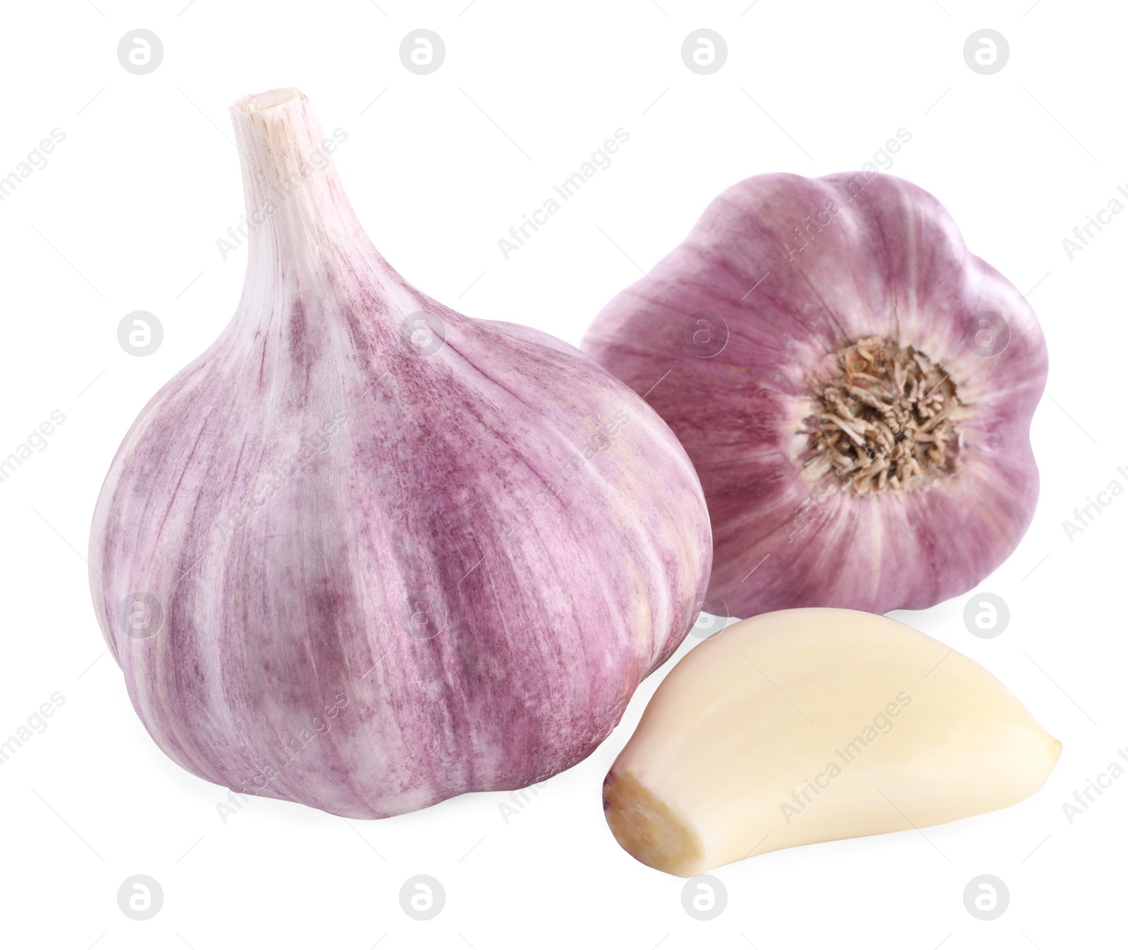 Photo of Heads of fresh garlic and clove isolated on white