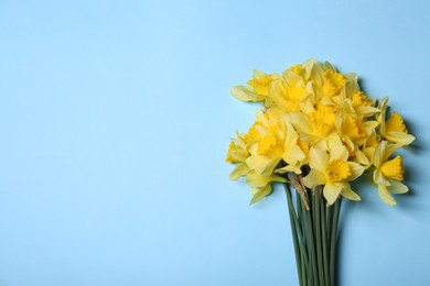 Photo of Bouquet of beautiful yellow daffodils on light blue background, top view. Space for text