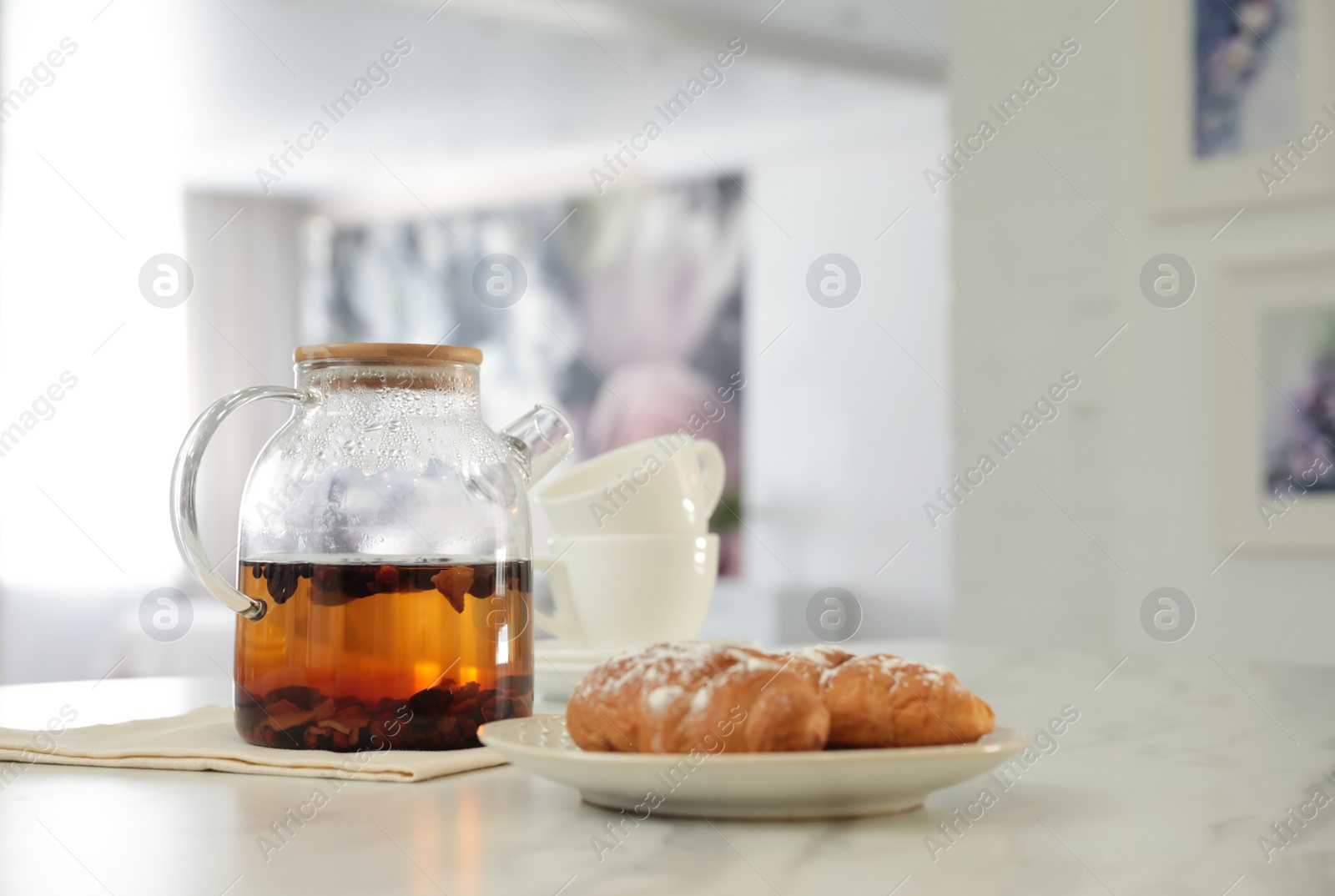Photo of Breakfast served on table in modern kitchen, space for text