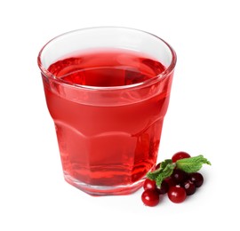 Photo of Tasty cranberry juice in glass, fresh berries and mint isolated on white