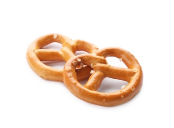 Photo of Delicious crispy pretzel crackers isolated on white