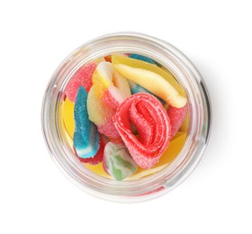 Photo of Tasty jelly candies in jar on white background, top view
