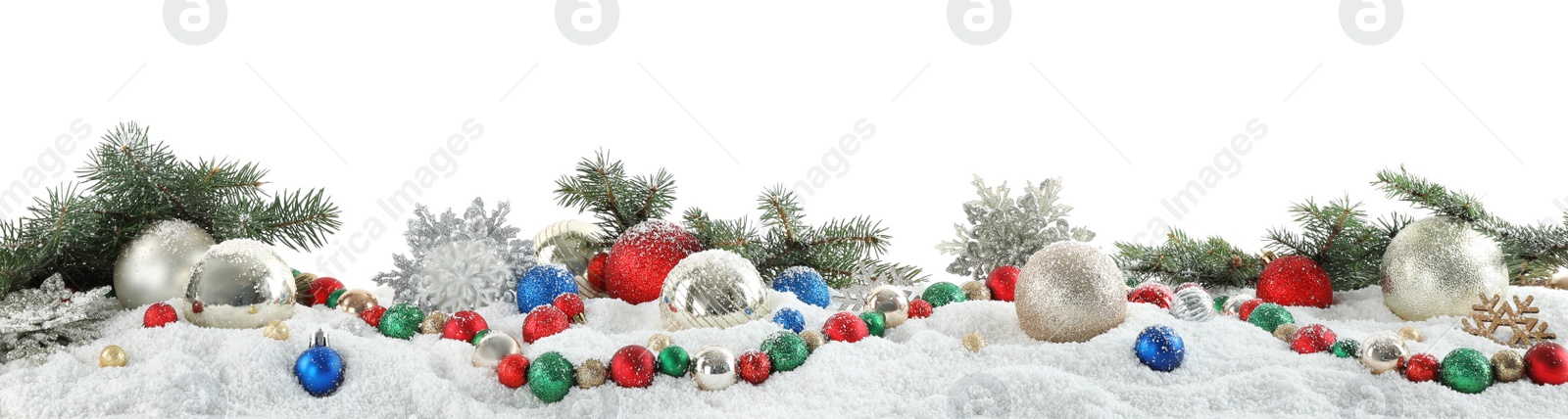 Photo of Fir branches, Christmas decoration and snow against white background